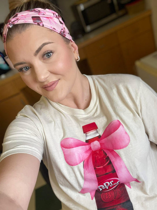 Pink Bow Dr Pepper Natural Heather Tee